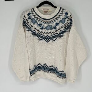 HUNTINGTON RIDGE Women’s L Vtg Hand-Knit Sweater Cream Floral Boho Cottagecore